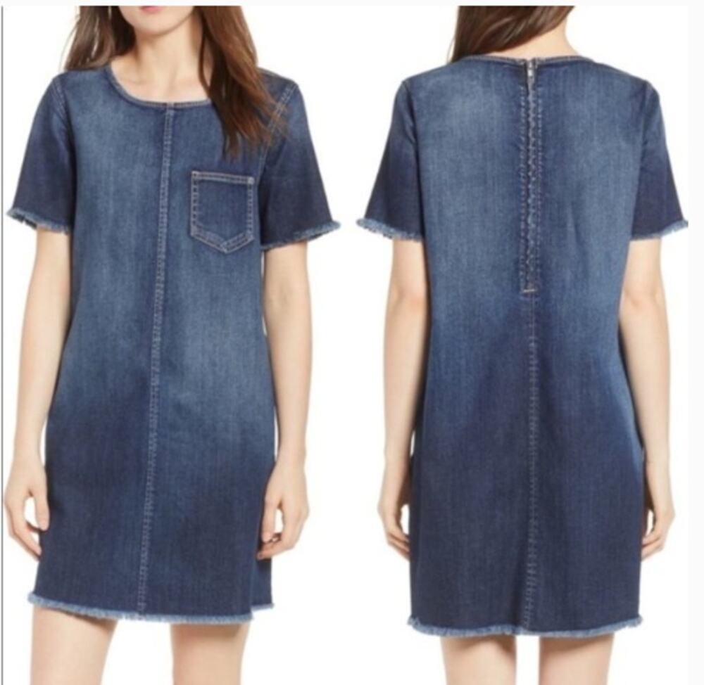 Current/Elliott Blue The Frayed Edge Denim Shift Mini Dress Size 0